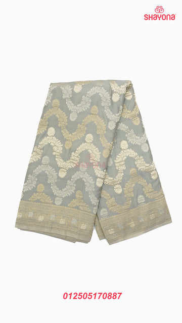 Gray Banarasi Georgette Khaddi Print Saree with All Over Jaal Weave, Nakshi Border & Heavy Pallav