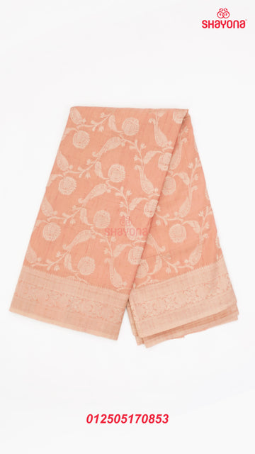 Light Rose Gold Banarasi Georgette Khaddi Print Saree with All Over Jaal, Nakshi Border & Heavy Pallav