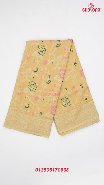 Light Gold Banarasi Georgette Khaddi Print Soft Silk Saree with Minakari Jaal Gala & Heavy Pallav
