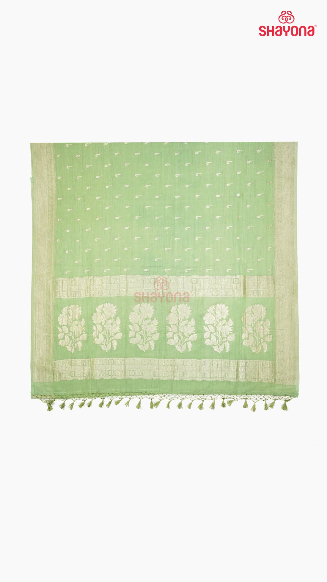 Light Green Banarasi Georgette Khaddi Soft Silk Saree with Butti Gala, Jaal Nakshi Border & Heavy Pallav