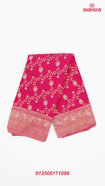 Violet Red Banarasi Georgette Khaddi Print Saree with All-Over Butti, Jaal Weaving, Nakshi Border & Heavy Pallav