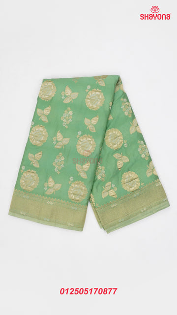 Medium Green Banarasi Georgette Khaddi Print Saree with All Over Butti, Jaal Weaving, Nakshi Border & Heavy Pallav