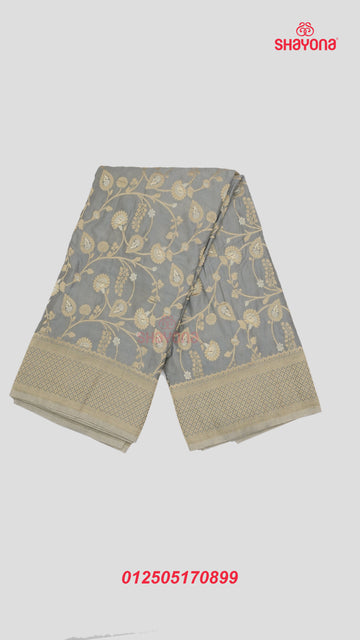 Gray Banarasi Georgette Khaddi Print Saree with All Over Jaal, Nakshi Border & Heavy Pallav