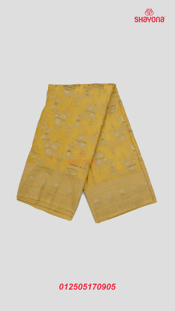 Yellow Gold Banarasi Georgette Khaddi Print Saree with All Over Jaal, Nakshi Border & Heavy Pallav