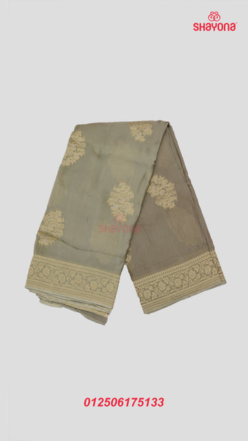Gray Banarasi Georgette Khaddi Soft Silk Saree with Butta Gala, Jaal Nakshi Border & Heavy Pallav