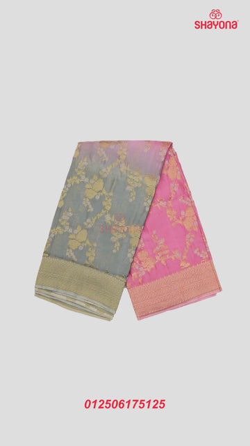Elegant Pink & Gray Banarasi Georgette Khaddi Soft Silk Saree with All Over Jaal Gala, Nakshi Border & Heavy Pallav