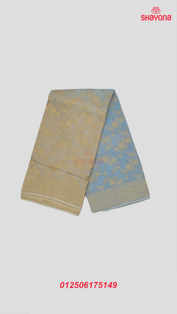 Graceful Light Blue & Sage Green Banarasi Soft Silk Saree with All Over Jaal Gala, Nakshi Border & Heavy Pallav