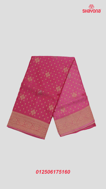 Light Deep Pink Banarasi Georgette Khaddi Print Soft Silk Saree with Butta & Butti Gala, Jaal Nakshi Border & Heavy Pallav
