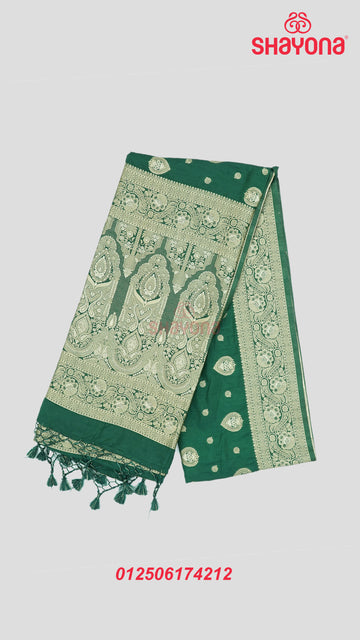Pomona Green Banarasi Soft Silk Saree with All Over Butta & Nakshi Border
