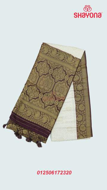 Ivory & Wine Banarasi Soft Silk Saree with Golden Butta Jaal & Heavy Nakshi Pallav