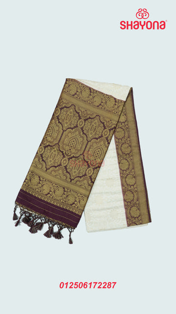 Ivory & Wine Banarasi Soft Silk Saree with Golden Butta Jaal and Nakshi Border