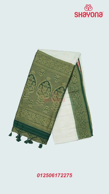 Ivory & Pomona Green Banarasi Soft Silk Saree with Golden Butta Jaal & Heavy Nakshi Pallav