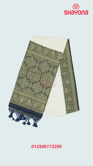 Ivory & Dark Navy Blue Banarasi Soft Silk Saree with Golden Butta Jaal & Heavy Pallav