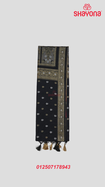Black Banarasi Silk Ashavali Saree with Minakari Butti Gala, Nakshi Border & Heavy Pallav