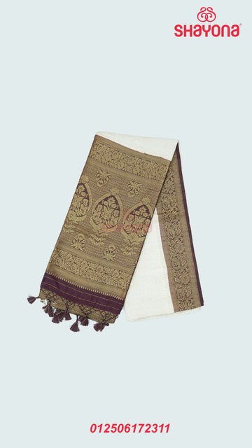 Ivory & Wine Banarasi Soft Silk Saree with Golden Butta Jaal and Nakshi Border