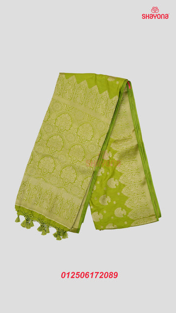 Dark Olive Banarasi Soft Silk Saree with Golden Butta & Nakshi Border