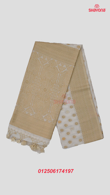Ivory Banarasi Soft Silk Saree with Golden Butti & Nakshi Border