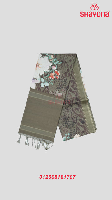 Dark Sage Green Tussa Cotton Saree with Multi-Coloured Floral Butti, Dark Sage Green Pallav & Border