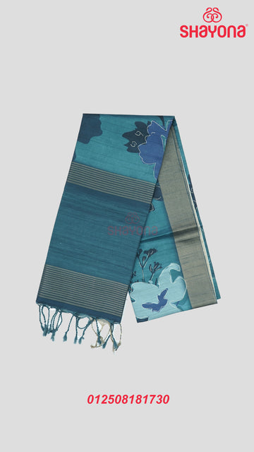 Deep Steel Blue Tussa Cotton Saree with Floral Butta, Digital Jaal & Matching Pallav
