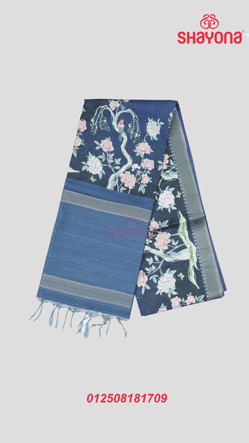 Dark Navy Blue Tussa Cotton Saree with Multi-Coloured Floral & Bird Butta, Digital Prints & Matching Pallav