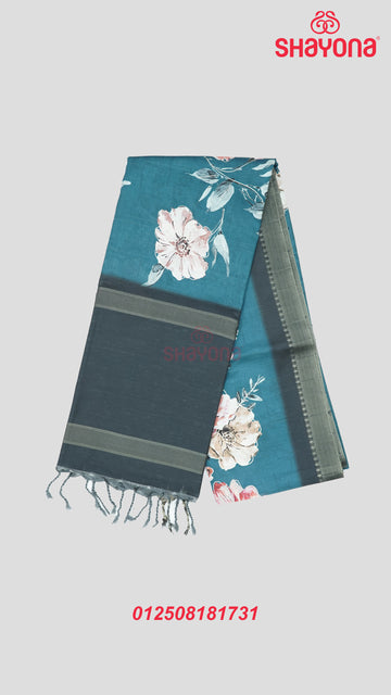 Deep Steel Blue & Light Black Tussa Cotton Saree with Multicoloured Floral Butta Jaal