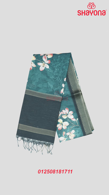 Deep Steel Blue & Light Black Weaved Tussa Cotton Saree with Multicoloured Floral Butta Jaal