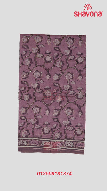 Medium Onion-Coloured Tussa-Based Cotton Saree with Digital Printed Butti & Katha Work