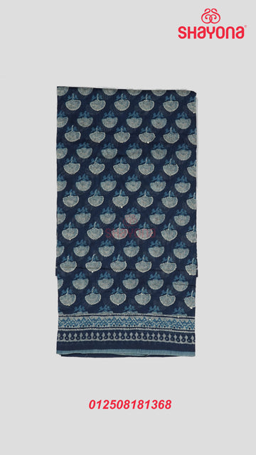 Dark Navy Blue Weaved Tussa-Based Cotton Saree with Digital Butta & Katha Work