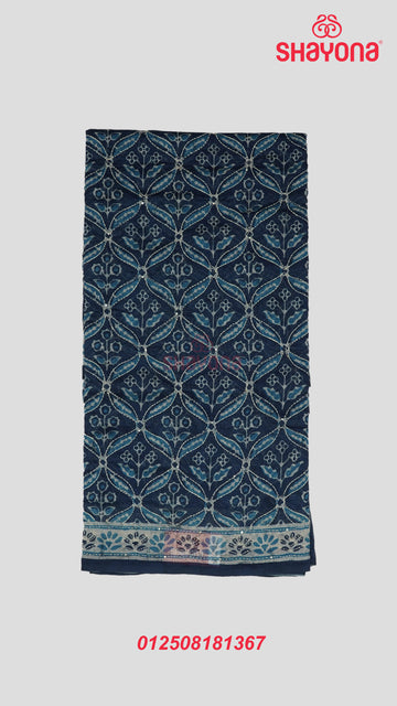 Dark Navy Blue Tussa-Based Cotton Saree with Digital Butti & Katha Work