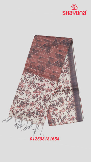 Rosy Brown Tussa Cotton Saree with Rose-Floral Jaal, Digital Geometric Prints & Light Gold Pallav