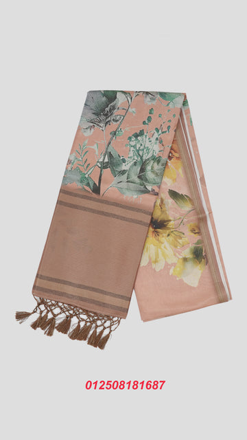 Light Peach Tussa Cotton Saree – Soft Elegance with Vibrant Prints