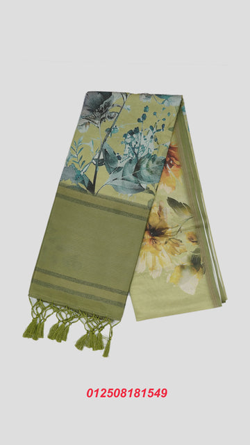 Dark Olive Tussa Cotton Saree – Timeless Elegance with Vibrant Prints