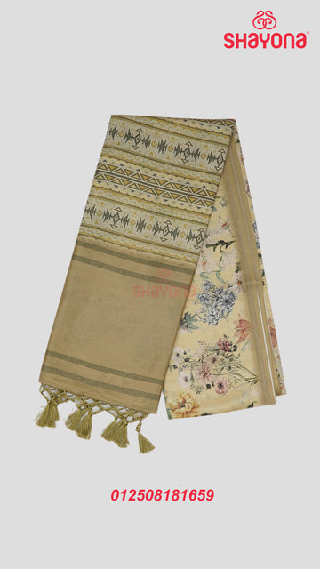 Light Gold & Sage Green Tussa Cotton Saree with Geometric & Floral Jaal