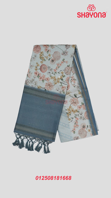 Deep Steel Blue & Light Blue Digital Floral Tussa Cotton Saree