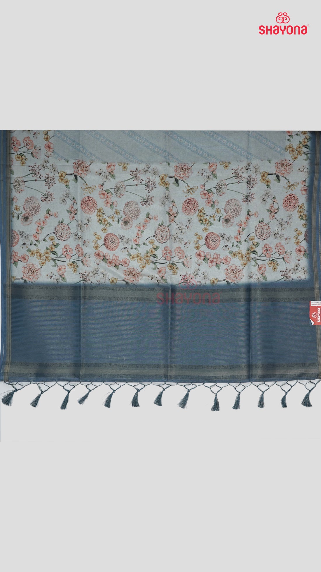 Deep Steel Blue & Light Blue Digital Floral Tussa Cotton Saree