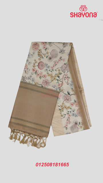 Almond & Light Wood Peru Floral Printed Tussa Cotton Saree