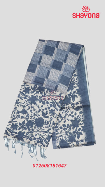 Dark Navy Blue Tussa Cotton Saree – Elegant Weaves with Modern Prints
