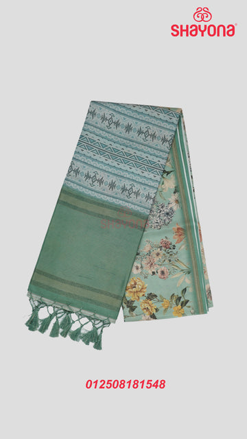Slate Gray & Aqua Tussa Cotton Saree with Multicoloured Geometric & Floral Jaal