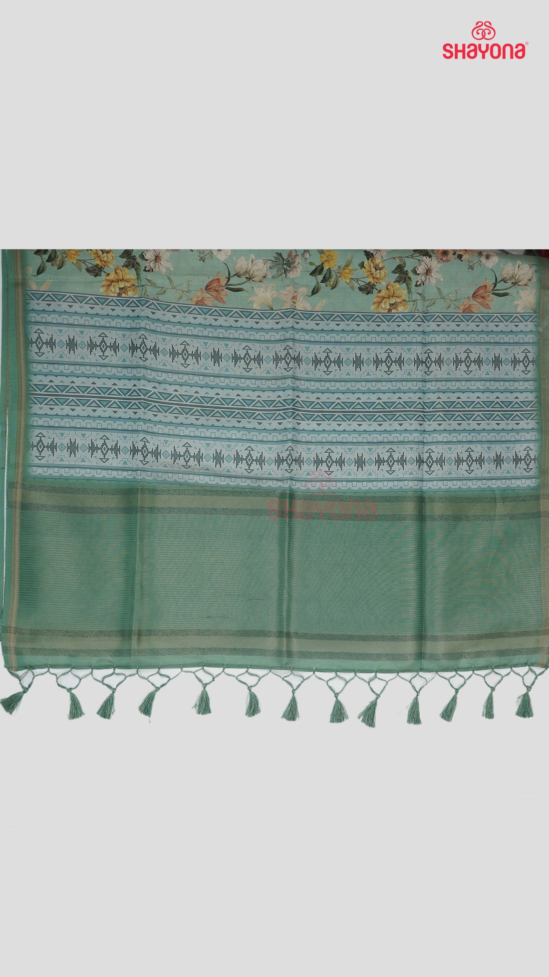 Slate Gray & Aqua Tussa Cotton Saree with Multicoloured Geometric & Floral Jaal