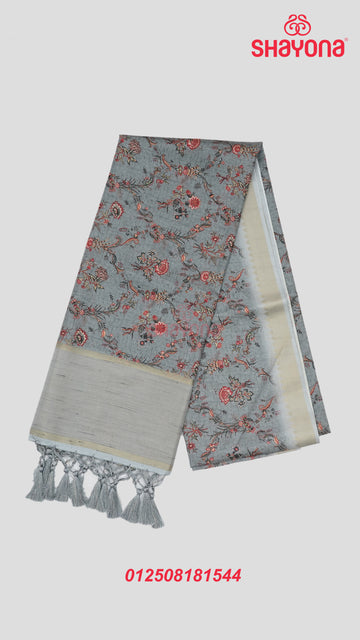 Light Navy Blue Tussa Cotton Saree with Multicolour Floral Jaal – A Blend of Elegance & Artistry