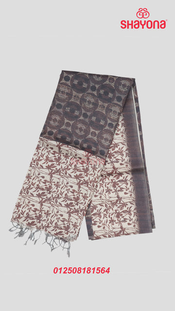 Coffee Coloured Tussa Cotton Saree – Classic Charm with Contemporary Prints