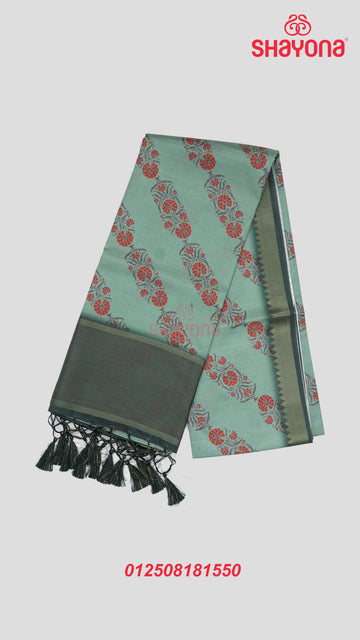 Slate Gray & Medium Aqua Tussa Cotton Saree with Multicoloured Floral Butta in Leheriya Pattern