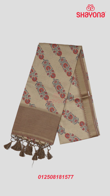 Light Gold & Sage Green Tussa Cotton Saree with Multicoloured Floral Butta in Leheriya Pattern