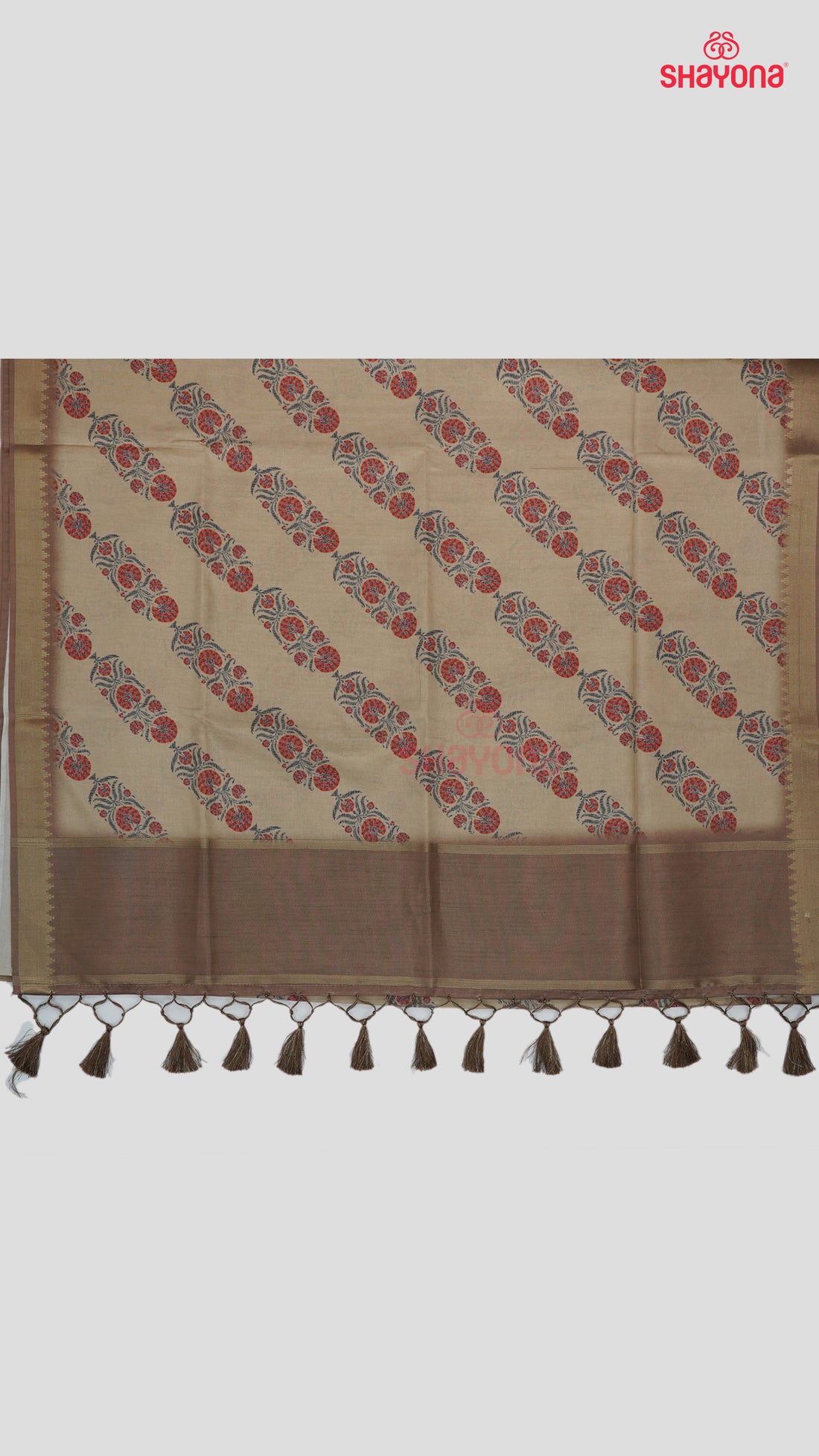 Light Gold & Sage Green Tussa Cotton Saree with Multicoloured Floral Butta in Leheriya Pattern