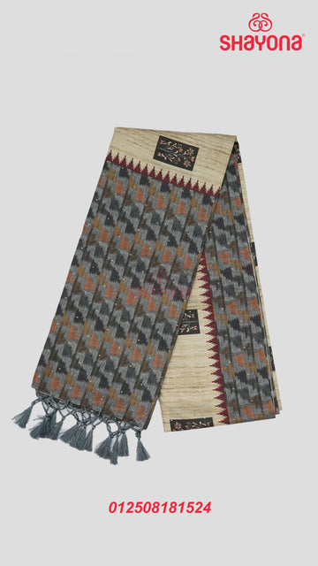 Light Gold Tussa Based Cotton Saree with Multicoloured Floral Square Butta & Digital Print