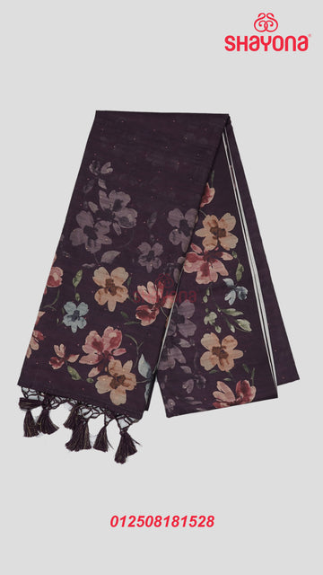 Dark Purple Tussa Cotton Saree with Digital Floral Design & Plain Gala