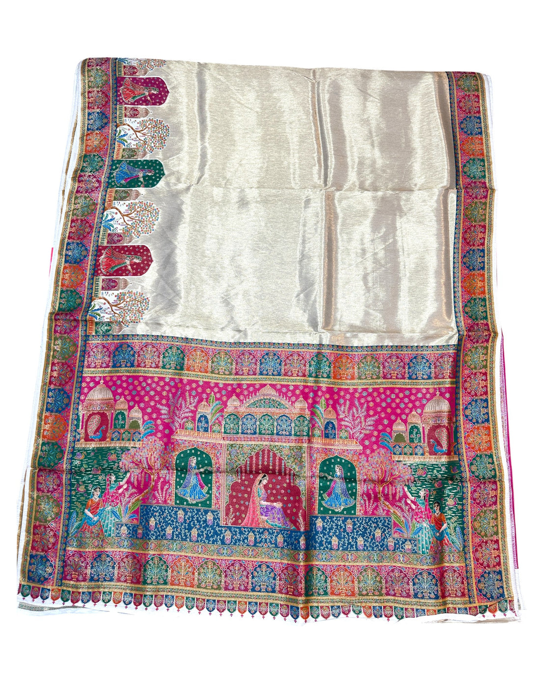 Ivory Artificial Tissue Pashmina Silk Saree