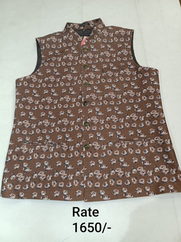 Light Coffee Brocade Silk Men's Koti with Cream Rose Floral Butti Print & Stand-Up Collar