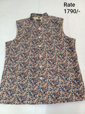 Multi-Coloured Brocade Silk Printed Men's Koti with Stand-Up Collar