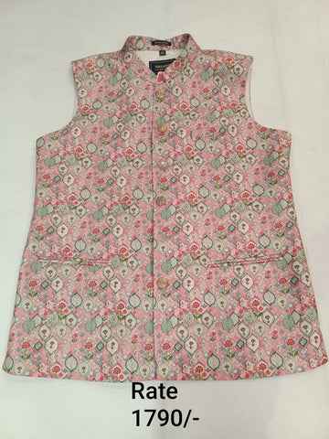 Pink Brocade Silk Printed Men's Koti with Stand-Up Collar